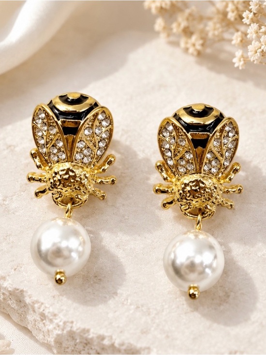 Jewelry - 18K Gold Plated Pearl Bumble Bee Stud Earrings Rhinestone Enamel Silver Post NEW